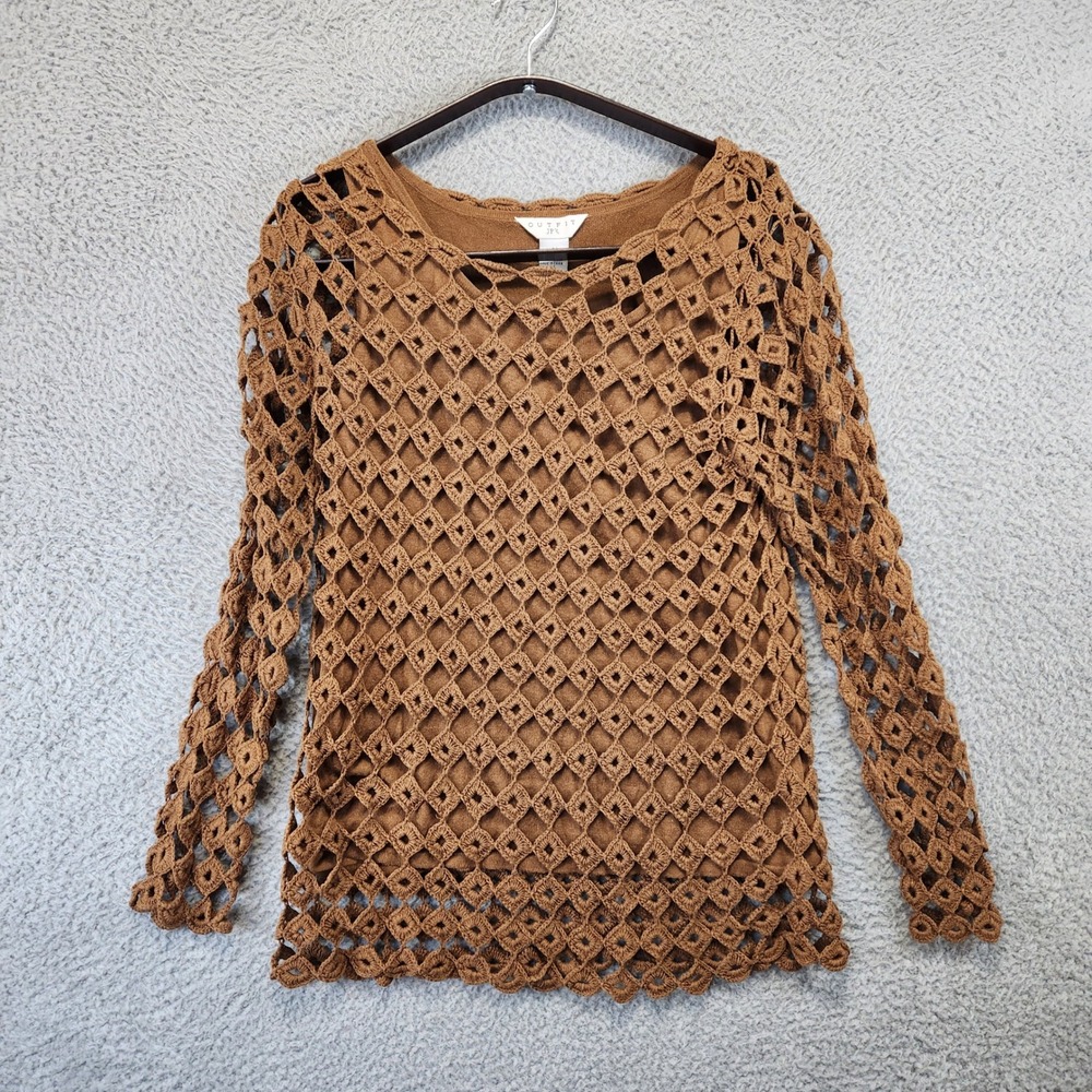 OUTFIT JPR Women's Brown‎ Crochet Knit Sweater Top Mesh Overlay Size Medium